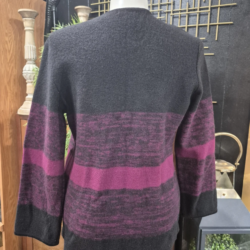 Katie Todd Elegant Black & Magenta Striped Wool-Blend Cardigan Sweater Sz L - Picture 4 of 10